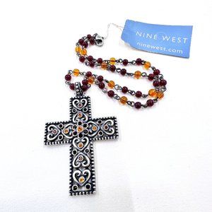 NWT - Nine West - Jeweled Heart Cross Silver Tone Red & Yellow Beaded 14” Choker